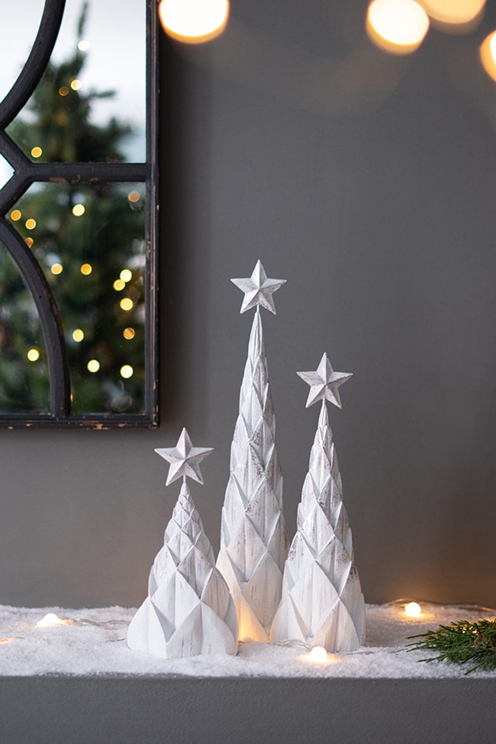 Set of 3 White Polyresin Christmas Trees Silver Foil Finish Star Toppers Tabletop Holiday Decor