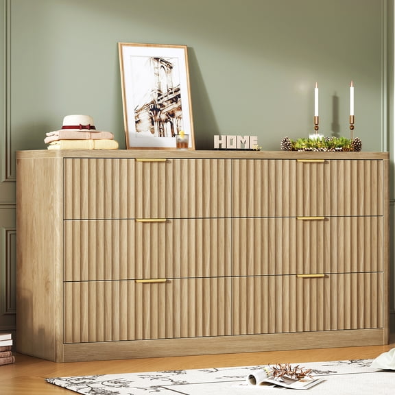 TEENFON 56.3'' Dresser with 6 Drawers, Dressers & Chest of Drawers with Curved Profile Design, Fluted Dressers, Wood Dressers for Bedroom, Living Room, Natural