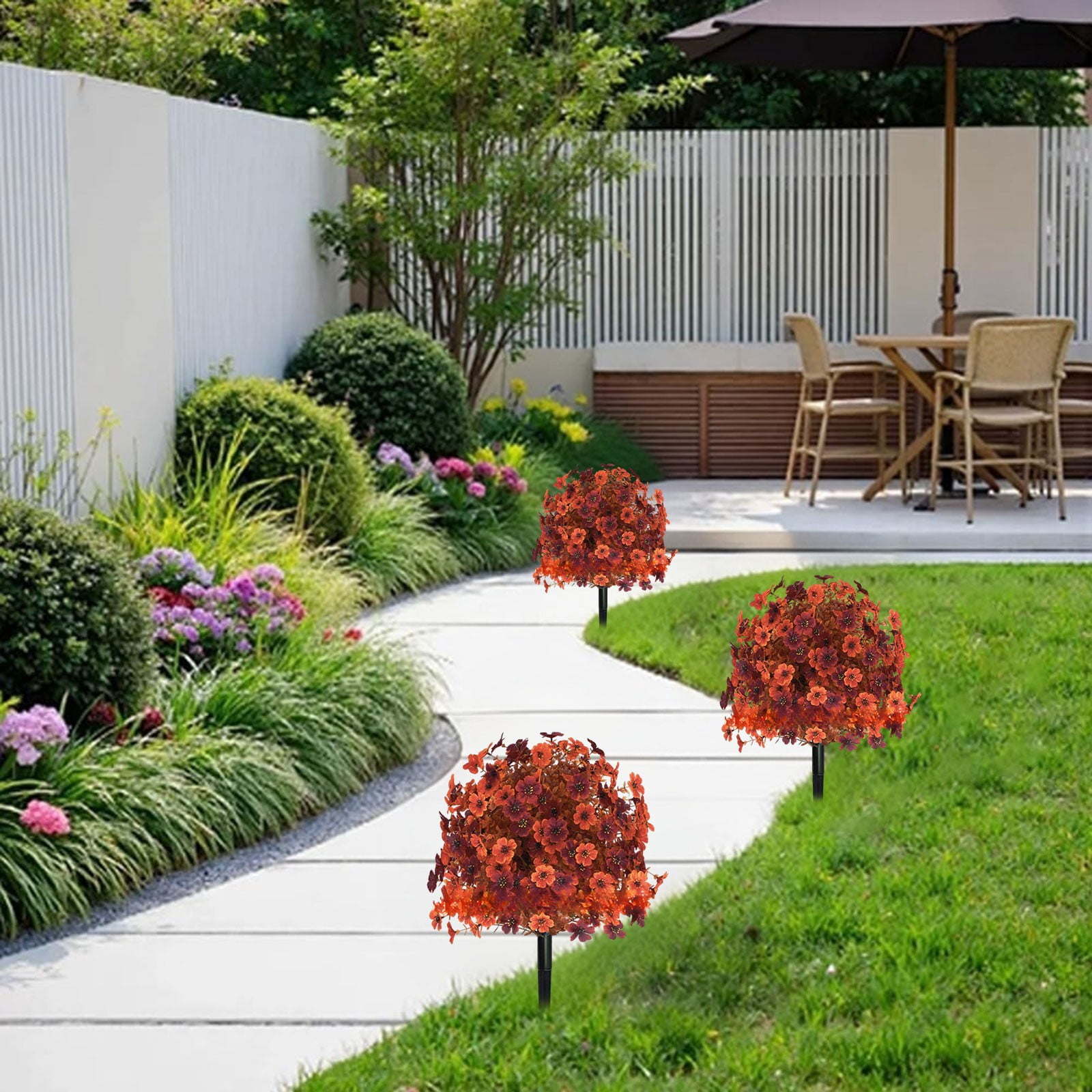Artificial Geranium Flowers with Stake, UV Resistant Fake Outdoor Bushes, Realistic Silk Faux Flowers for Front Porch Patio Garden Decor, Artificial Shrubs for Outside
