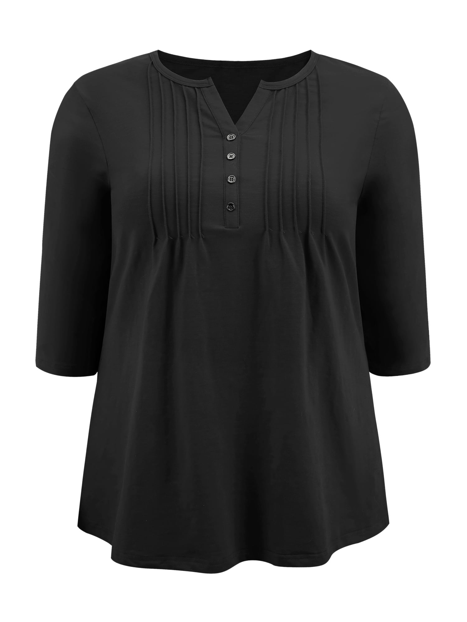 Women's Plus Notched Neck 3/4 Sleeve Front Pleated Button Decor Blouses Dressy Casual 2X Black