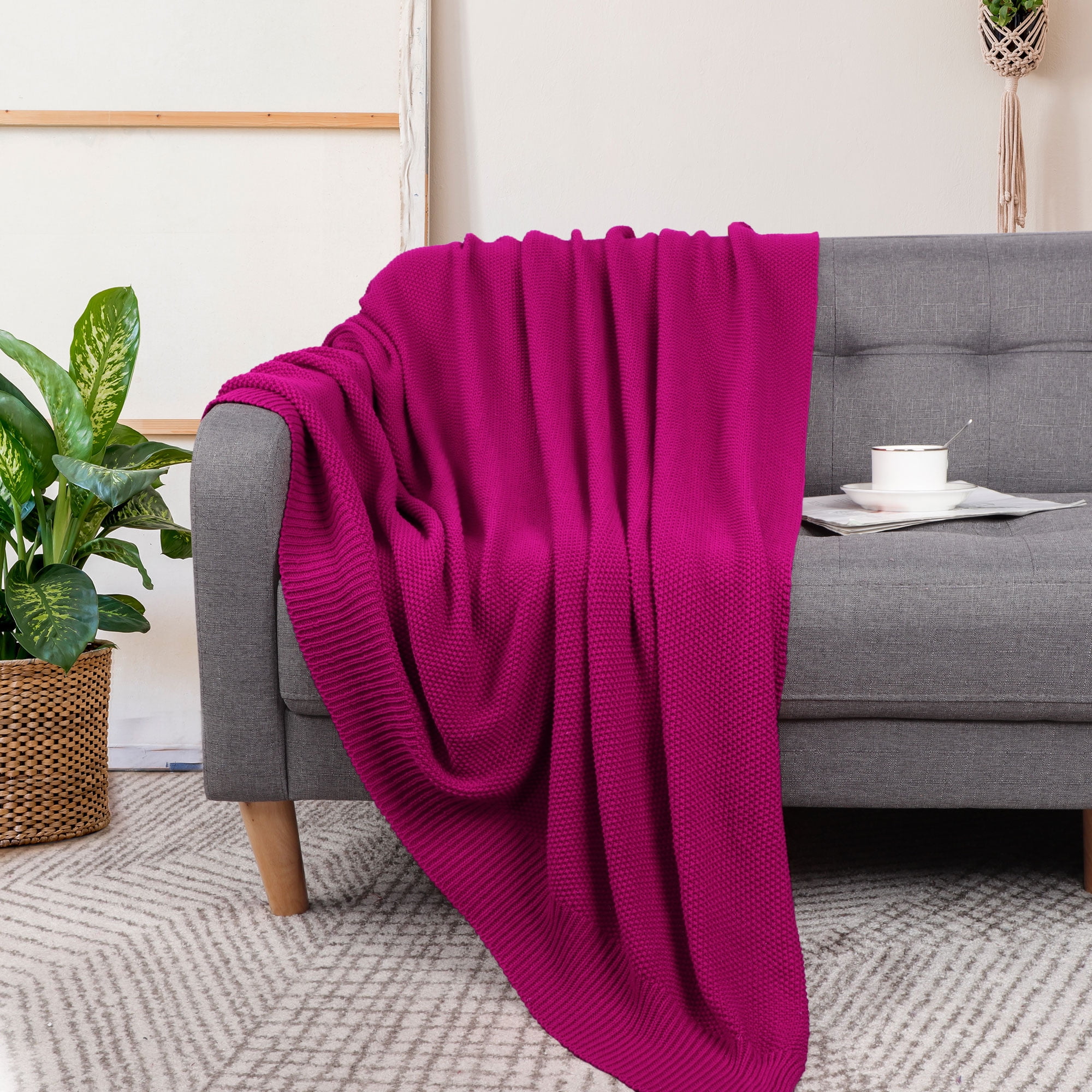 Unique Bargains Pure Cotton Soft Cable Knit Throw Blanket Fuchsia 50" x 60"