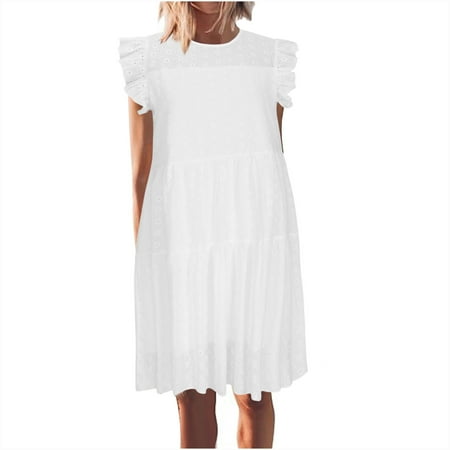 WMTBSRSW Summer Dresses for Women 2024 Round Neck Fly Sleeve A Line Hollow Out Beach Mini Babydoll Dress Lace Ruffle Flowy Cute Casual Hawaiian Party Dresses Prime Day