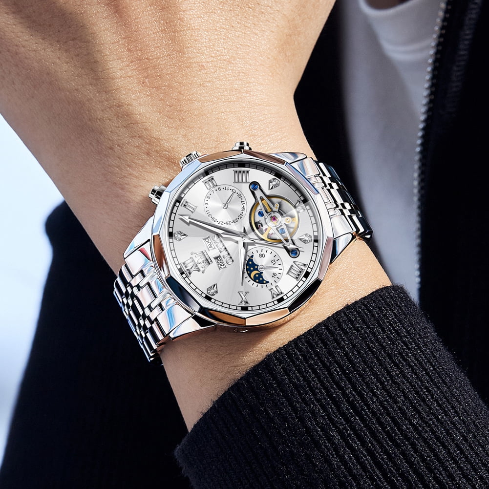 OLEVS Automatic Watches for Men Self Winding Mechanical Skeleton Luxury Dress Chronograph Gold Plated Stainless Steel Calendar Moon Phase Waterproof Luminous Mens Wrist Watches Reloj Para Hombre