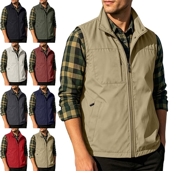 Zysthvn Lightweight Vest Jackets for Men Casual Winter Cargo Full Zip Mens Jacket Outdoor Solid with Pockets Lapel Vests, Dark Blue S