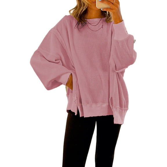 Women's Oversized Pink Waffle Knit Bishop Sleeve Sweatshirt | [ZhiHiMeRi] | (US 20-22)2XL