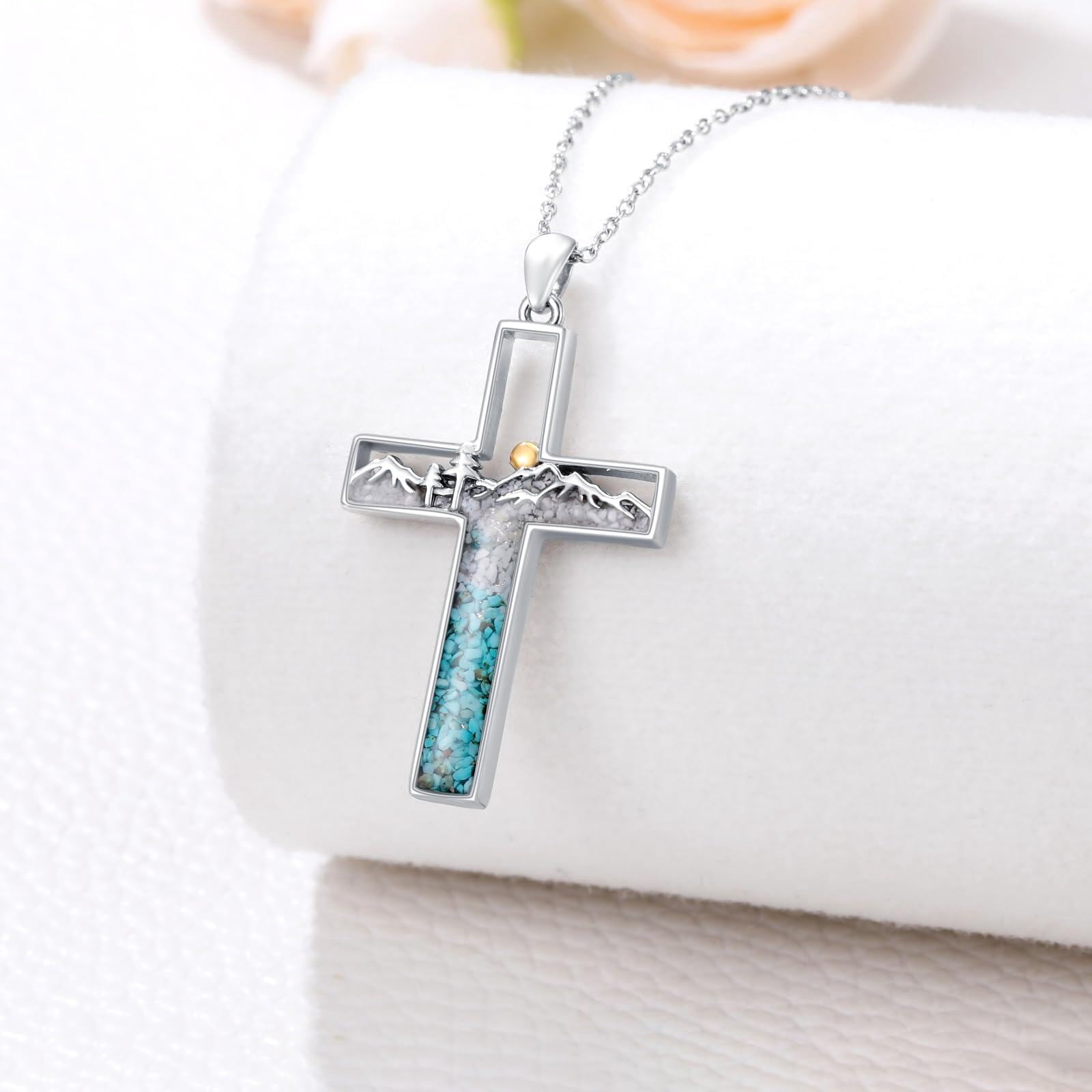 Coachuhhar Corss Necklace for Women 925 Sterling Silver Crushed Turquoise Mountain Sunset Pendant Nature Jewelry Faith Gifts for Christian Hikers Lovers