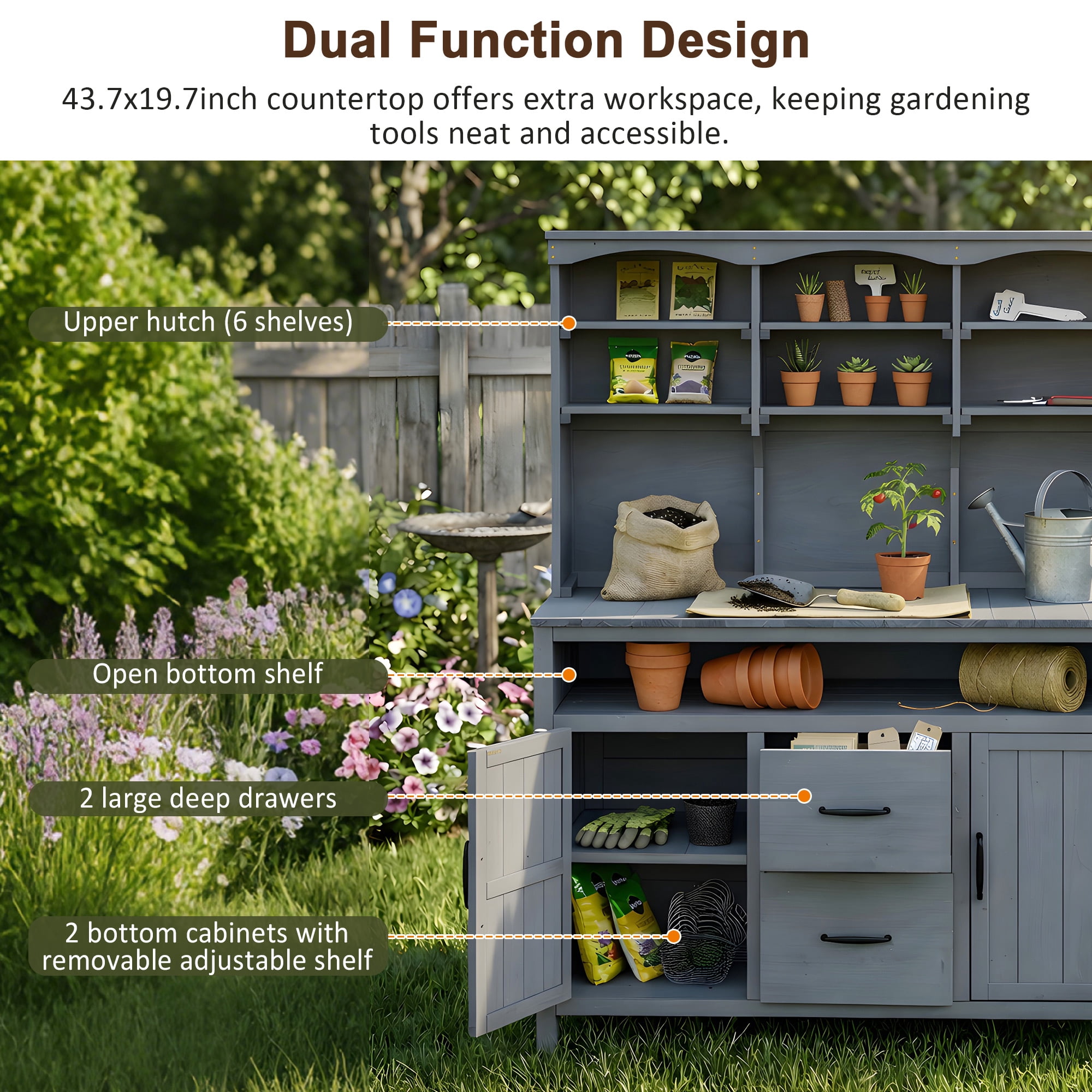 Mintazer Outdoor Potting Bench with Cabinets, 65"H Multi-Functional Patio Kitchen Island with 2 Drawers & Hooks, Large Countertop for Gardening Grill, Gray