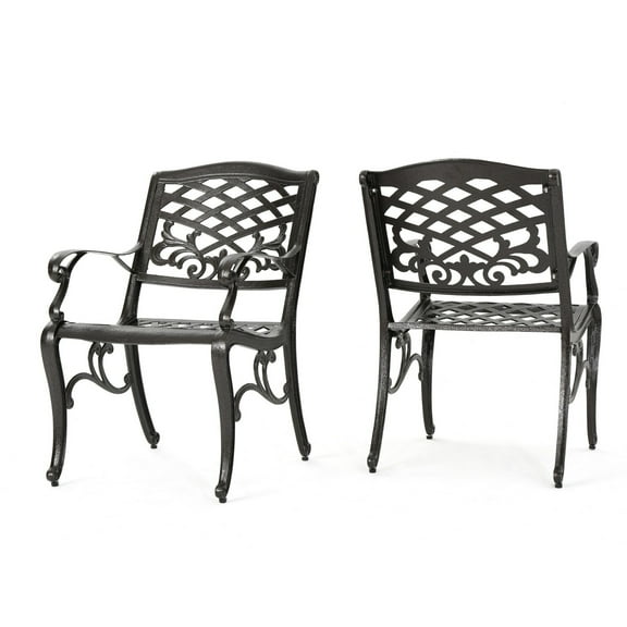 Benjara Toni Outdoor Armchair Set of 2, Cabriole, Scrolled Lattice Bronze Aluminium