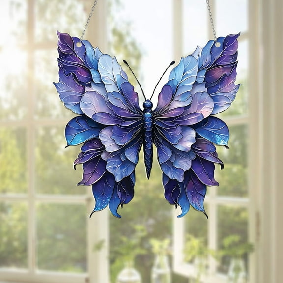 Butterfly Window Hanging Acrylic Flat 2D, Stained Glass Style Blue and Purple Wings Design, Unique Home or Garden Decoration, Perfect Gift for Art and Nature Enthusiasts