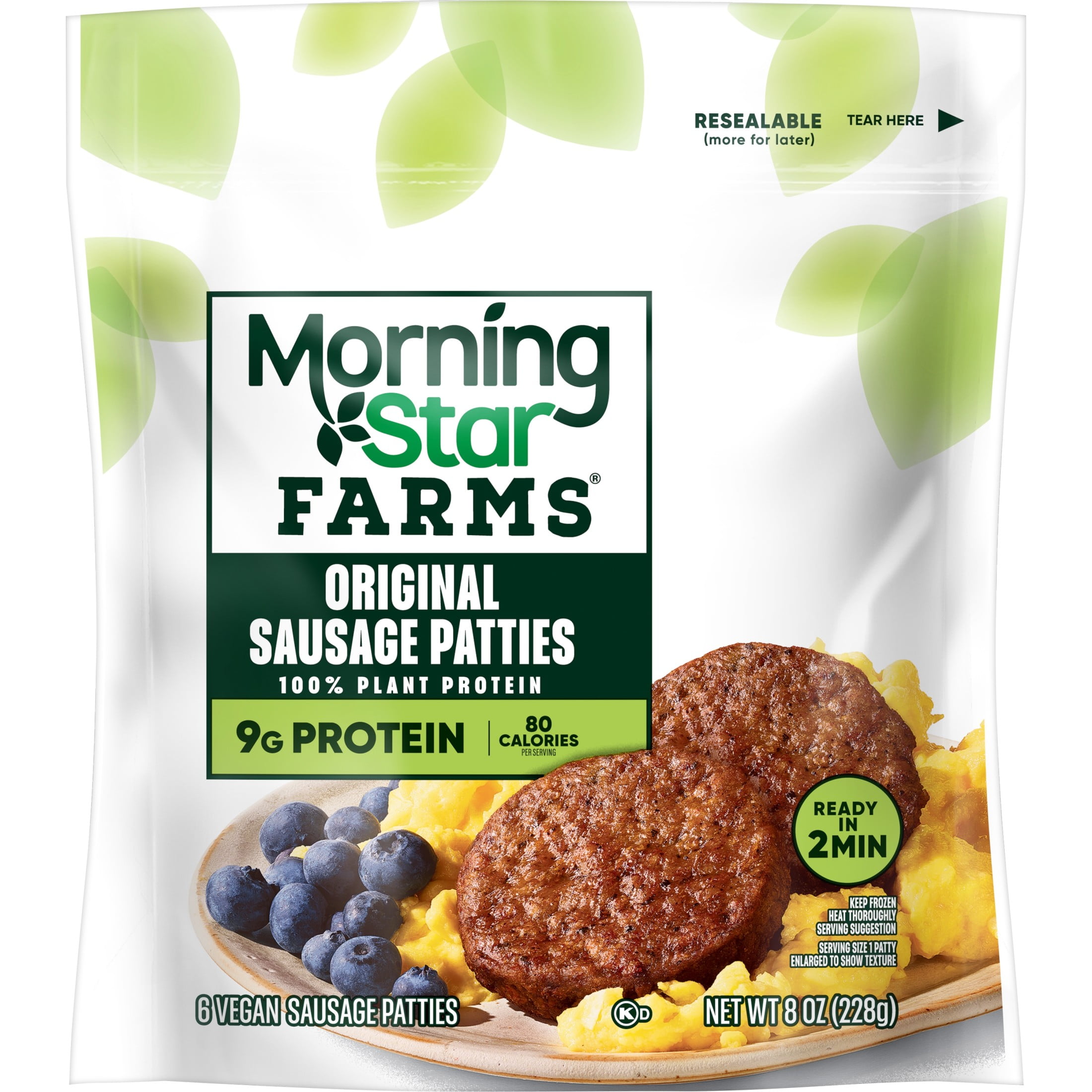 MorningStar Farms Veggie Breakfast Original Plant Based Sausage Patties, Vegan Meat, 8 oz, 6 Count Bag