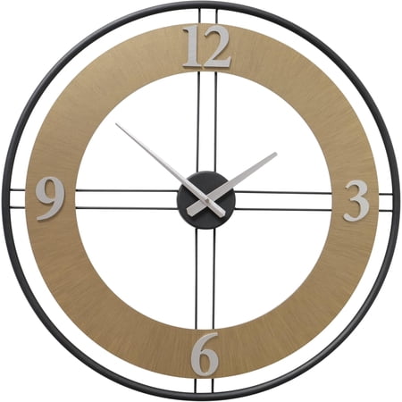 Modern Farmhouse Wall Clock, Analog, Black Metal Frame, White Numerals, White and Tan Wood, Quartz Movement, 24.5 Inches