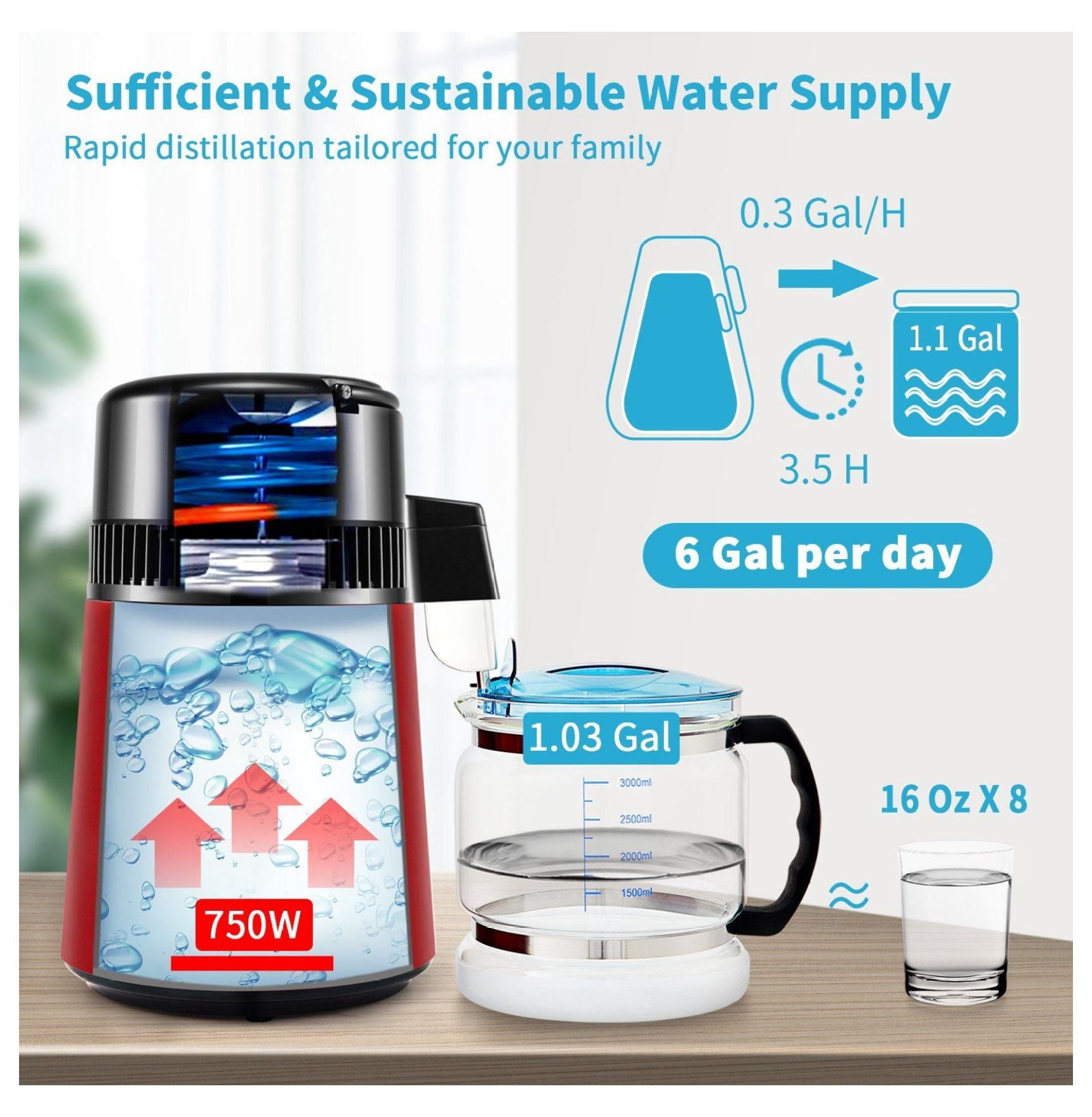 1.1Gal Water Distiller, 750W Distilled Water Maker, 1L/H, Timing & Temp Control, 304 Stainless Steel, Glass Carafe, Cleaning Powder & Carbon Filters
