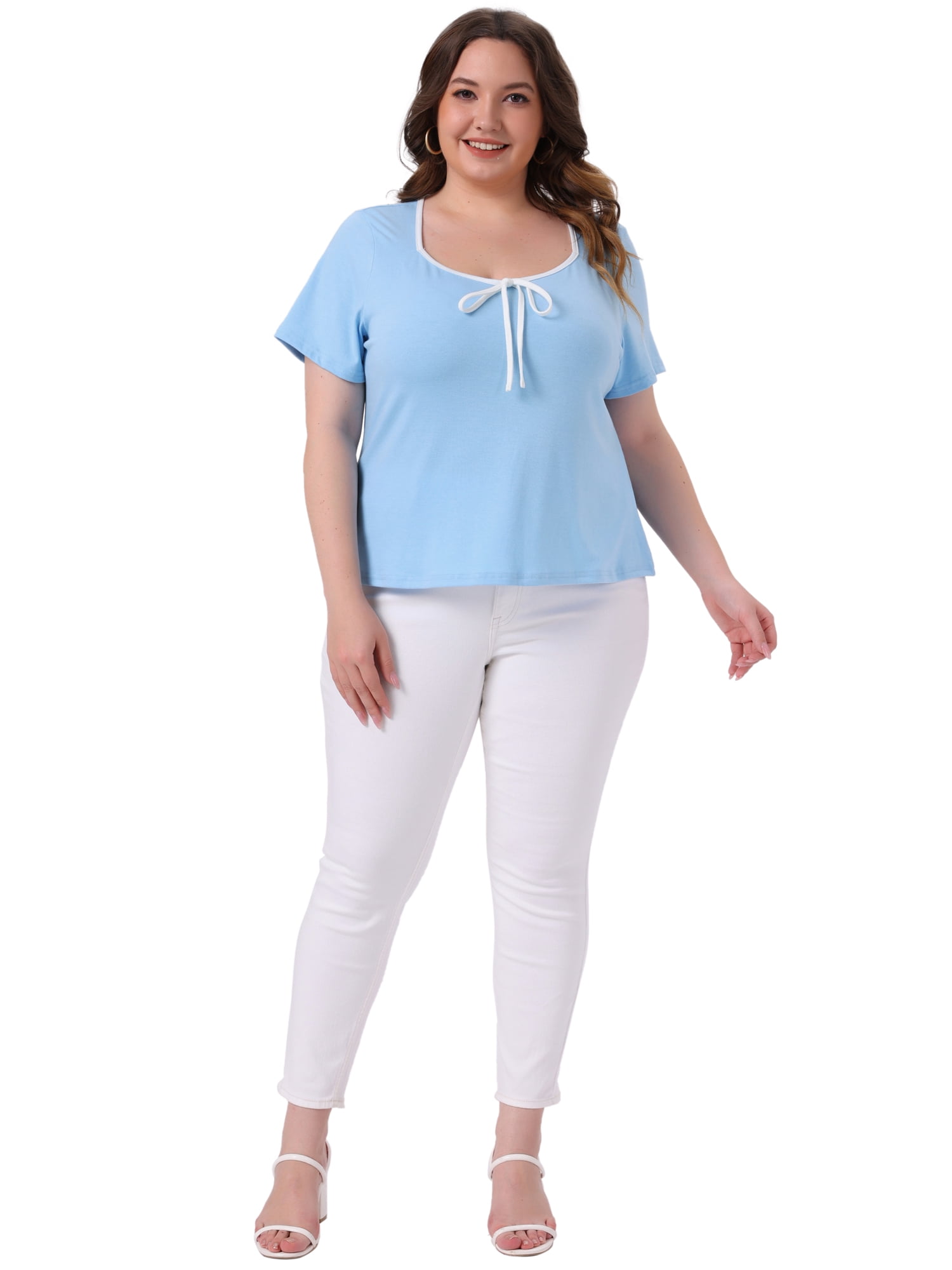 Women's Plus Blouse Sweetheart Neck Contrast Trim Tie Knot Short Sleeve Tee 3X Sky Blue