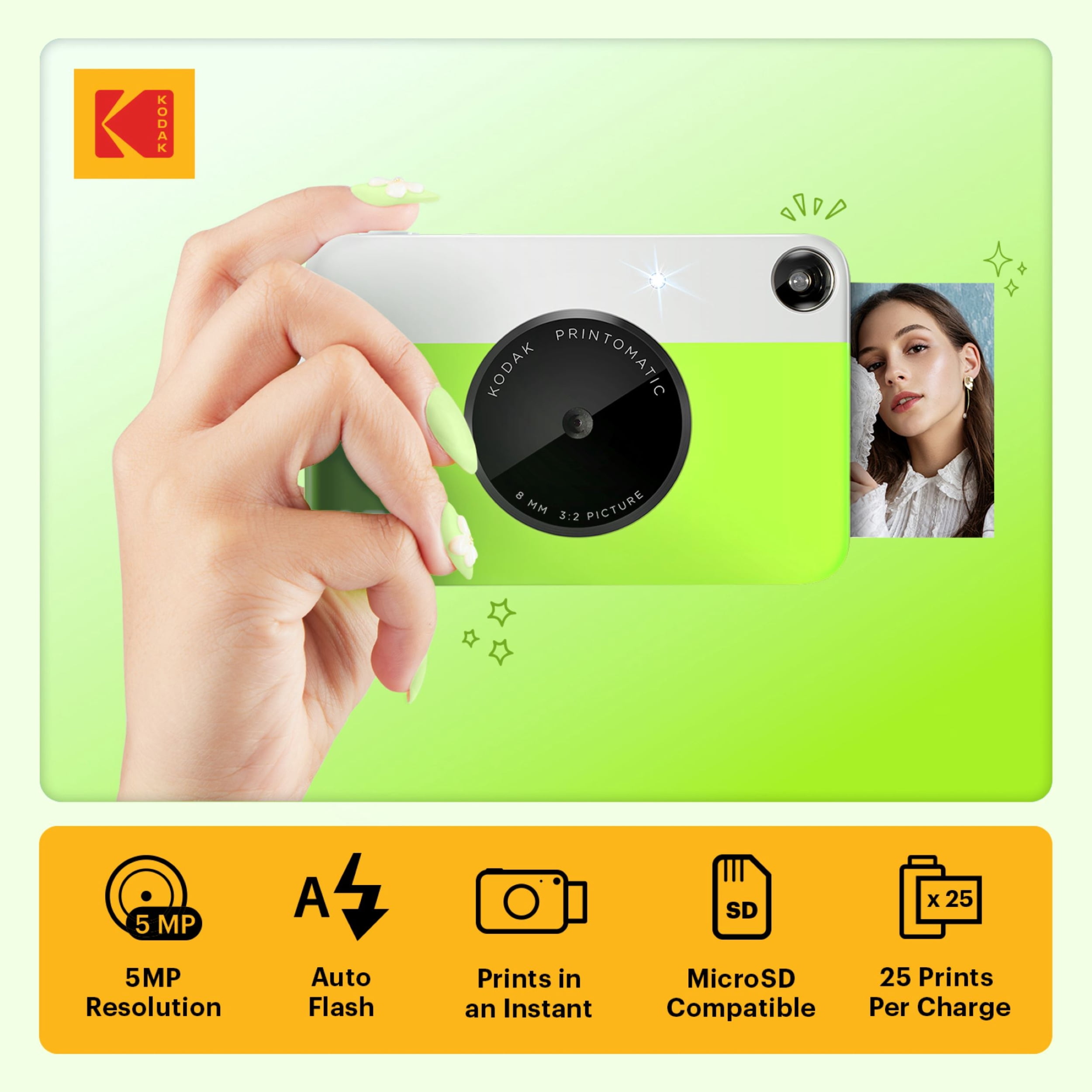Kodak Printomatic Prints on Zink 2" x 3" Photo Paper Instant Camera, Green