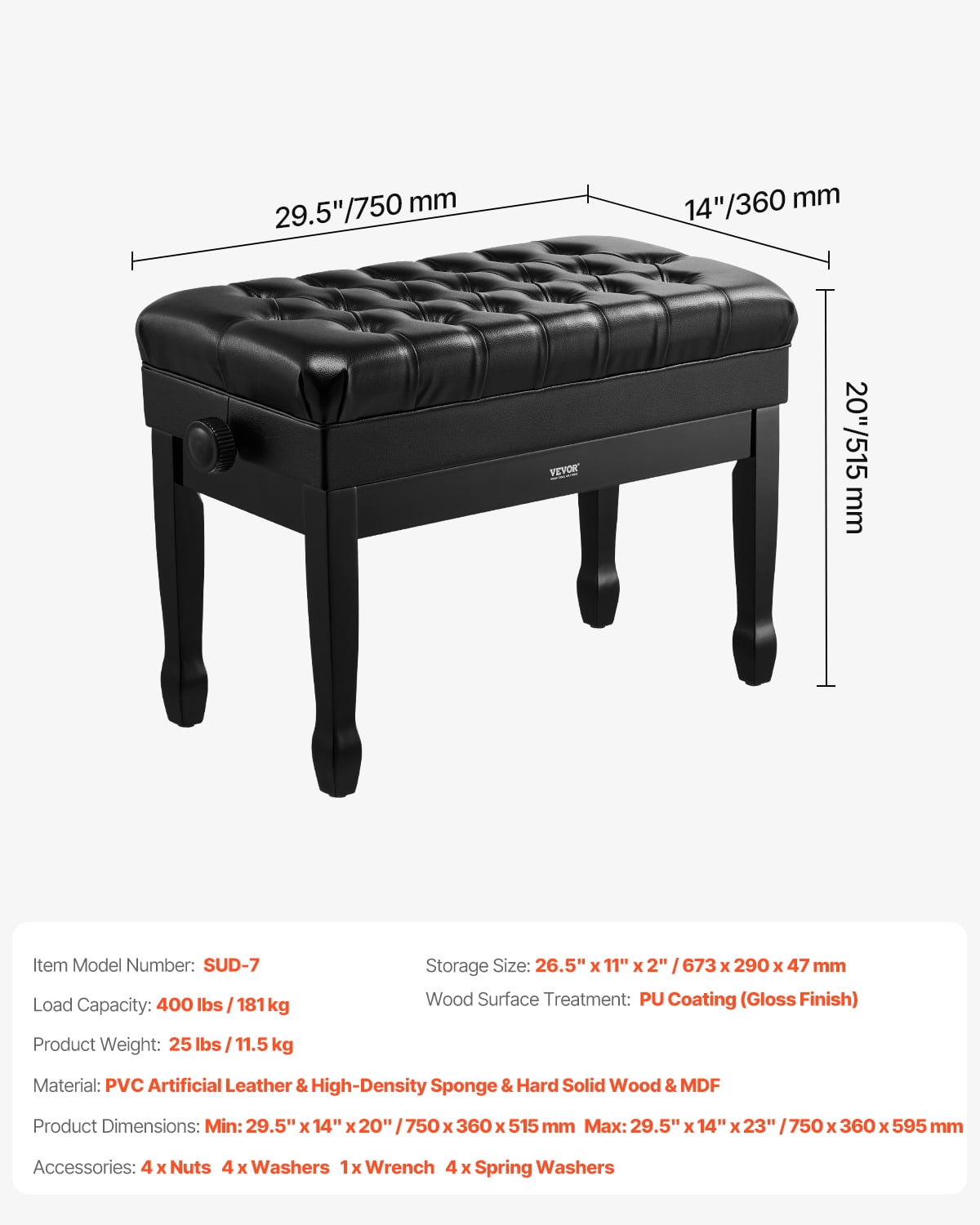 VEVOR Piano Bench, 29.5" x 14" x 20.3", Duet Keyboard Piano Chair with 20.3"-23.4” Adjustable Height, Padded Cushion, Storage Compartment for Music Books, Wooden Piano Stool Seat, for Vanity, Bedroom