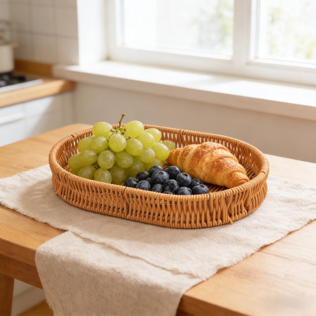 Plastic Imitation Rattan Woven Storage Basket, Multi-Functional Fruit & Vegetable Basket, Snack & Bread Tray for Kitchen and Home Organization, Oval Design, Home Storage Solution