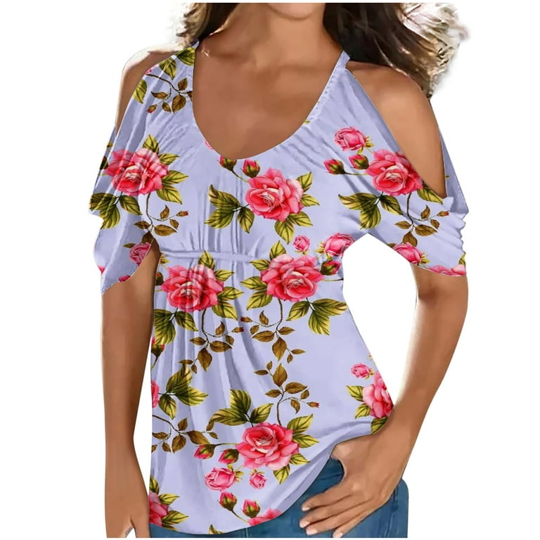 YWDJ Off the Shoulder Tops for Women Summer Tops for Women 2023 Graphic Off  the Shoulder Crewneck Short Sleeve Tunic Cold Shoulder Shirts for Women