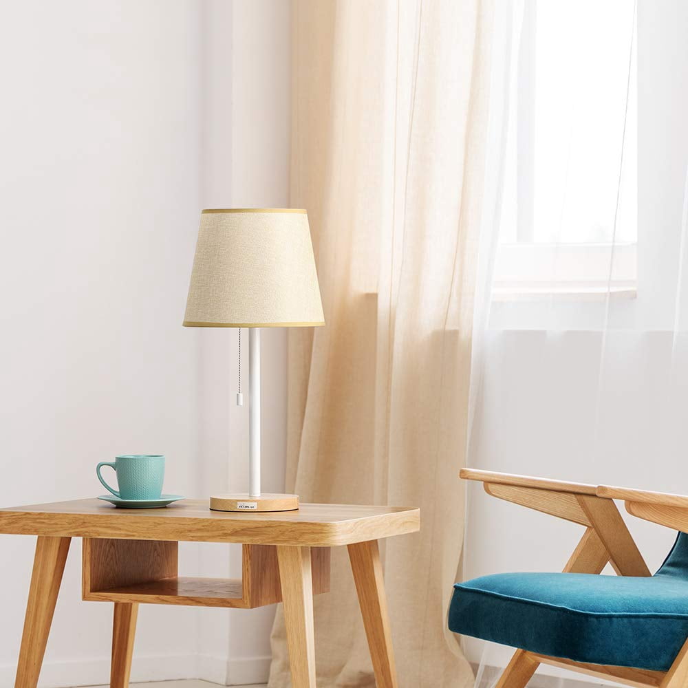 Contemporary Wooden Pull Chain White Table Reading Lamp, Set of 2