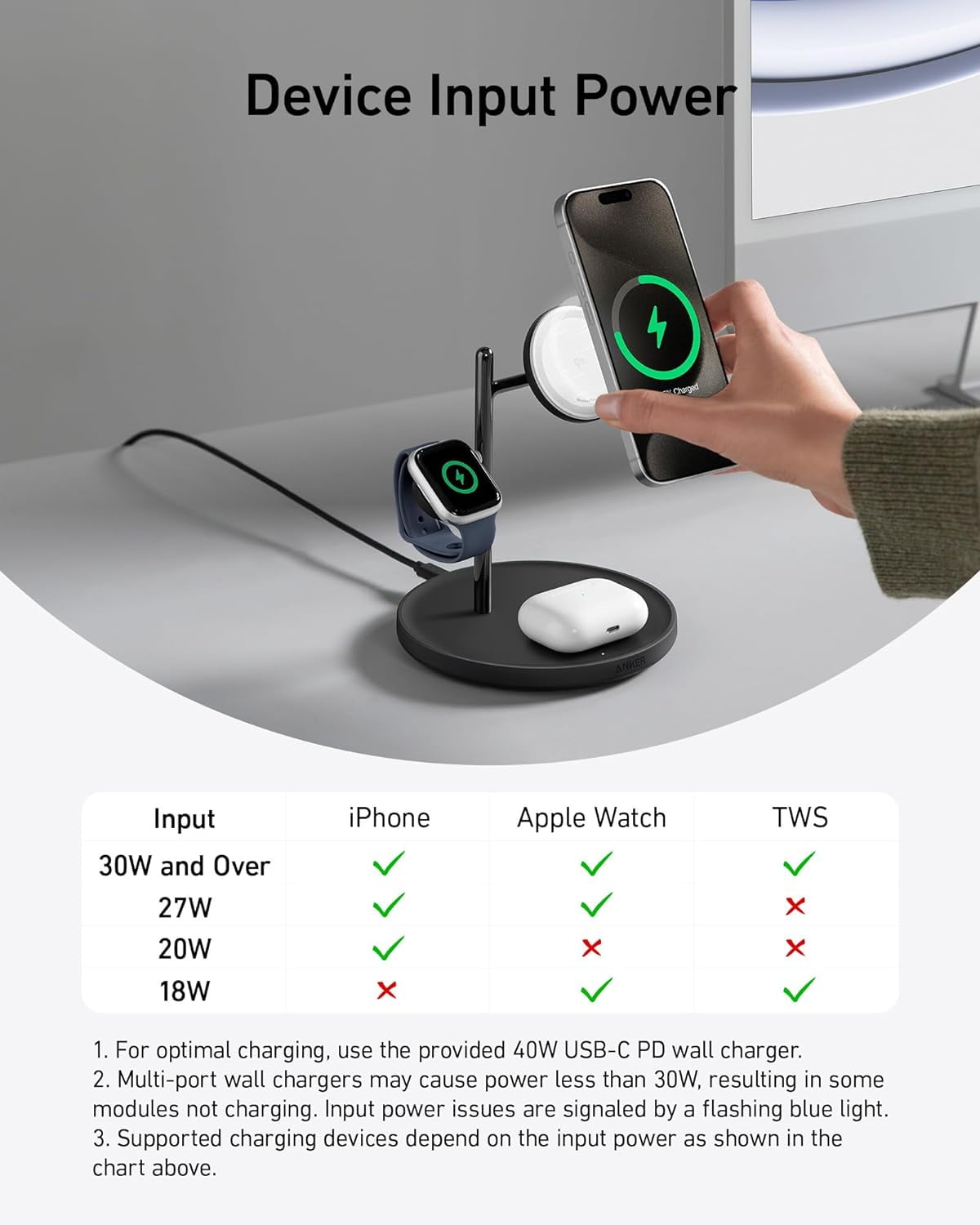 Anker MagSafe-Compatible Wireless Charging Stand, MagGo 3 in 1 Wireless Charging Station, Qi2 Certified 15W Wireless Charger for iPhone 15/15 Pro/14/13/12, Apple Watch, AirPods