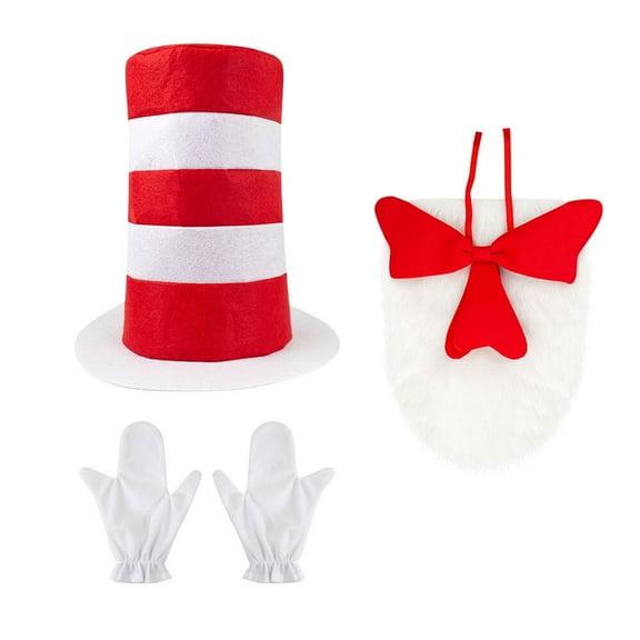 Red Striped Hat White Gloves White Furry Cloth Red Bow 3 Pack Halloween Cosplay Costume Accessories