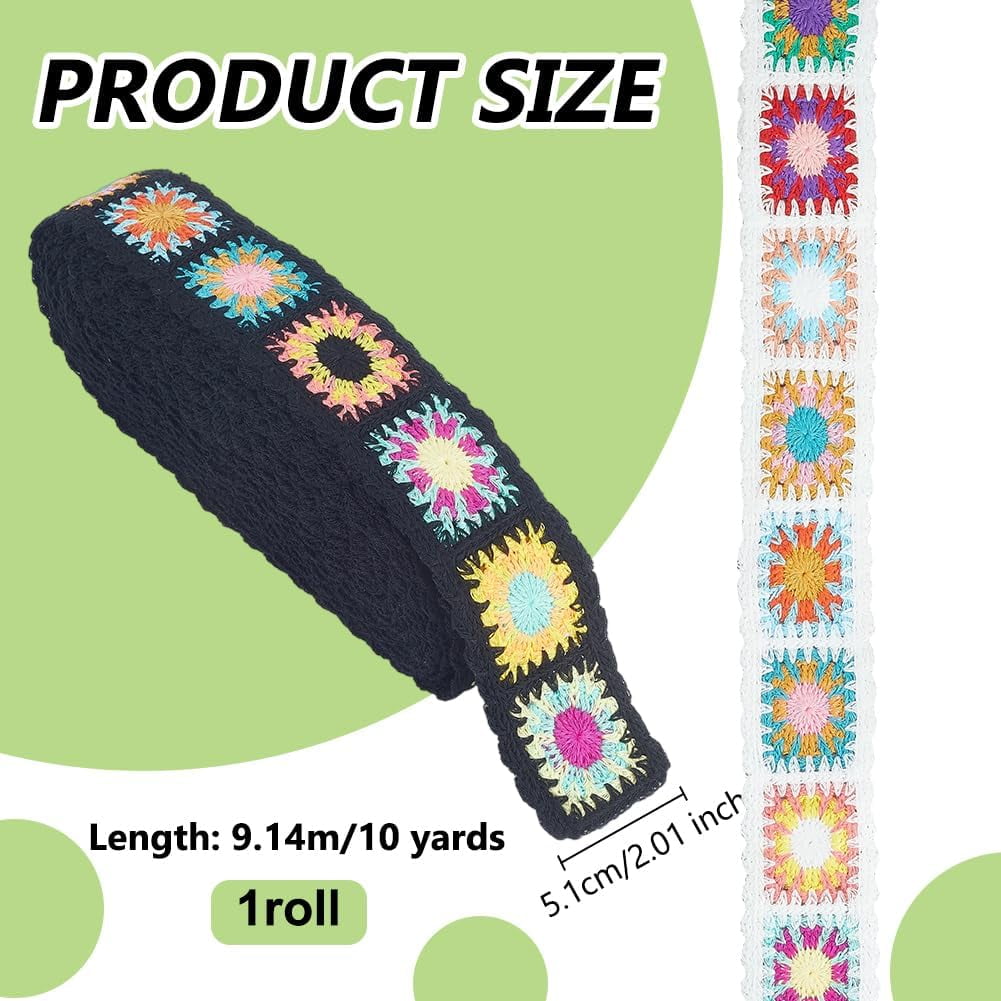 10 Yards Crochet Flower Webbing Strap 2 Inch Black Ethnic Style Webbing Ribbon Polyester Flower Pattern Woven Trim Jacquard Embroidery Webb Straps