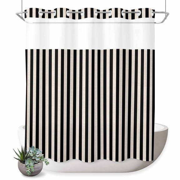 No Hook Shower Curtain, Black Striped Shower Curtains for Bathroom with See Through Top Window, Modern Simple Farmhouse Beige Vintage Waterproof & Washable Bath Curtain Standard 72"x72"