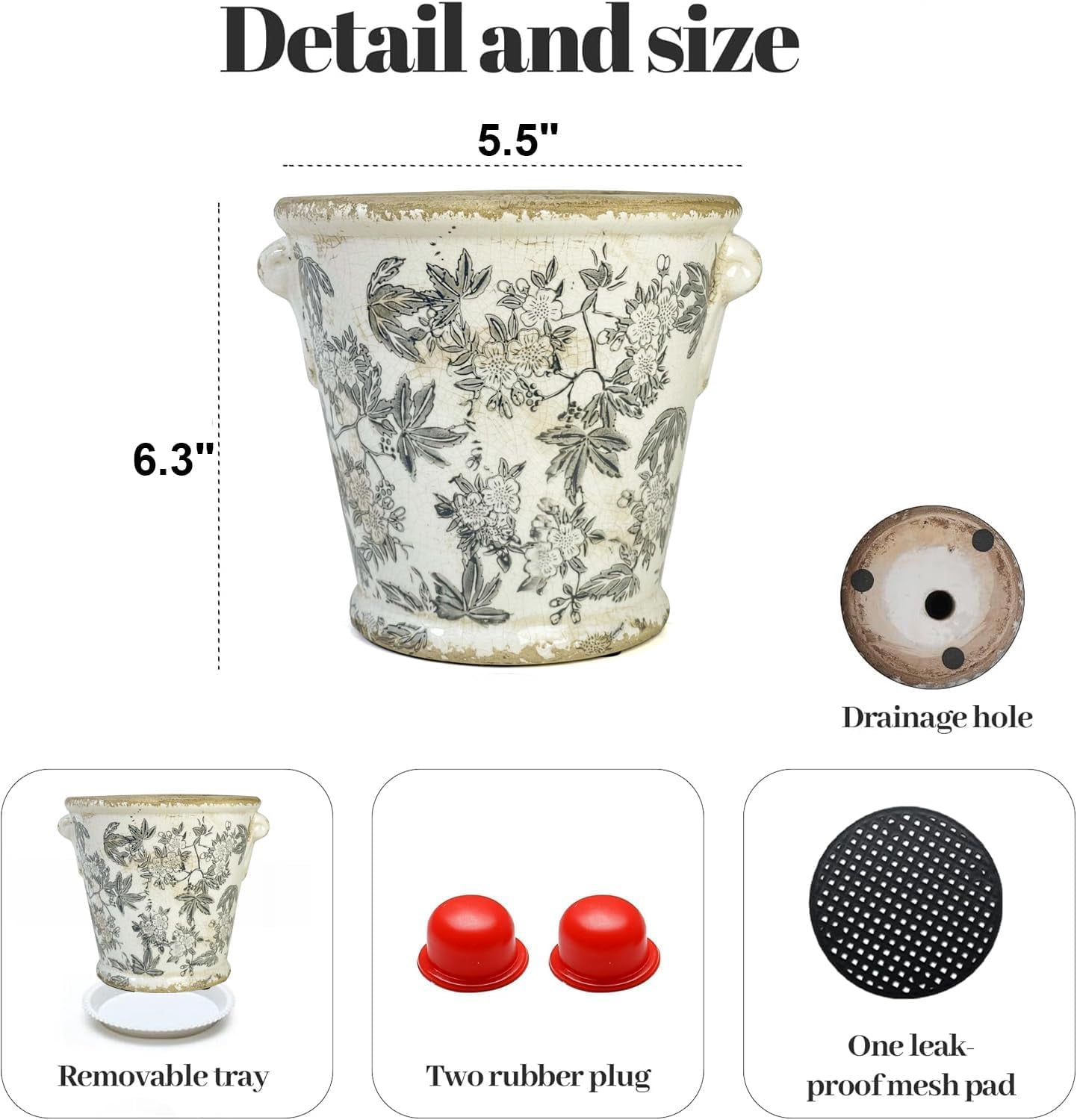 Vintage Planter Flower Pot Rustic Container with Handle Ceramic Ice Crack Plant Pot with Drainge Hole Decorative Planter for Indoor and Outdoor Tuscan Decor Vase Gardening Gift (Grey)