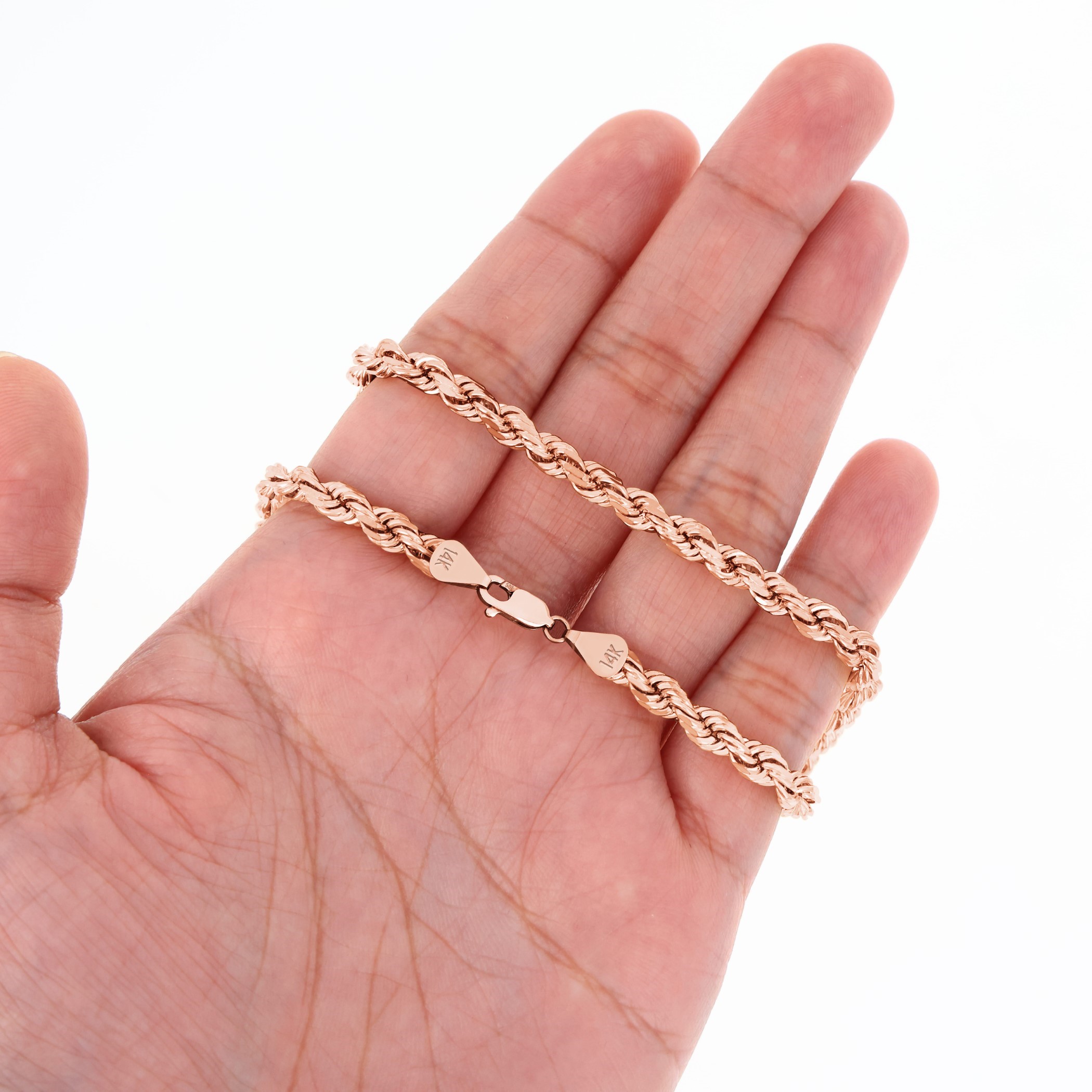 Nuragold 14K Real Rose Gold Rope Diamond Cut Chain Necklace 16"-30" (1.5mm-6mm) Italian Jewelry for Men & Women