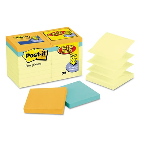 Post-it Original Pop-up Notes 18 Pack, 3in. x 3in., Canary and Cape Town Collection, 18 Pads per pack, 100 Sheets per Pad, 1800 Sheets Total