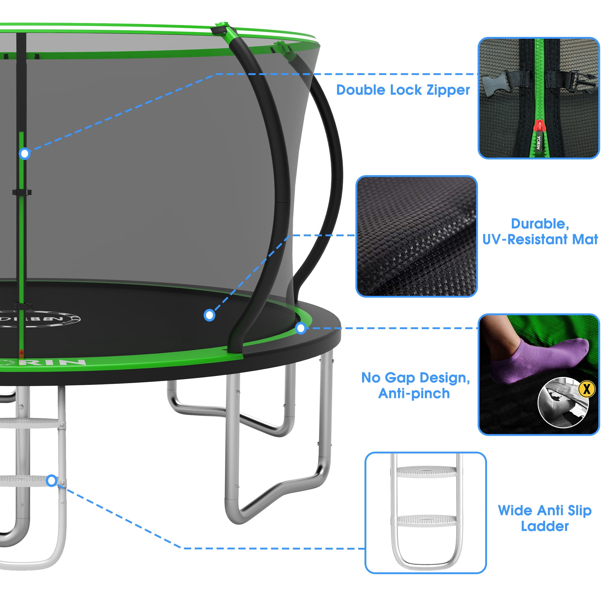 YORIN Trampoline for 8-9 Kids, 16 FT 14FT 10FT 12FT Trampoline for Adults with Enclosure Net, Ladder, Light, 1500LBS Weight Capacity Outdoor Round Recreational Trampoline, Heavy Duty Trampoline