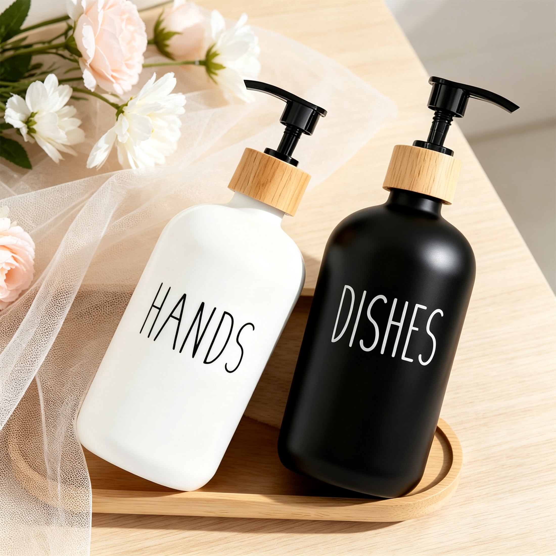 CISILOV Glass Soap Dispenser Set, Hand Soap & Dish Soap Bottles with Tray, Matte Black & White Frosted Glass Soap Bottles for Kitchen Sink Bathroom Countertop