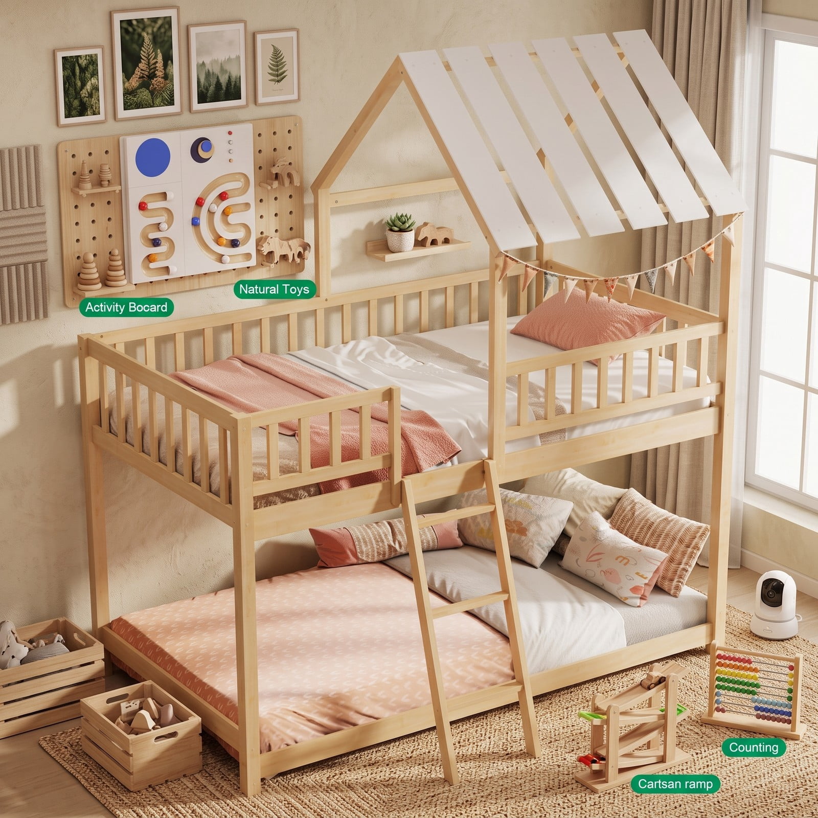 Furnibear House Bunk Bed with Roof and Full-length Guardrails Wood Low Floor Bed for Kids Teens Boys and Girls Bedroom, Natural