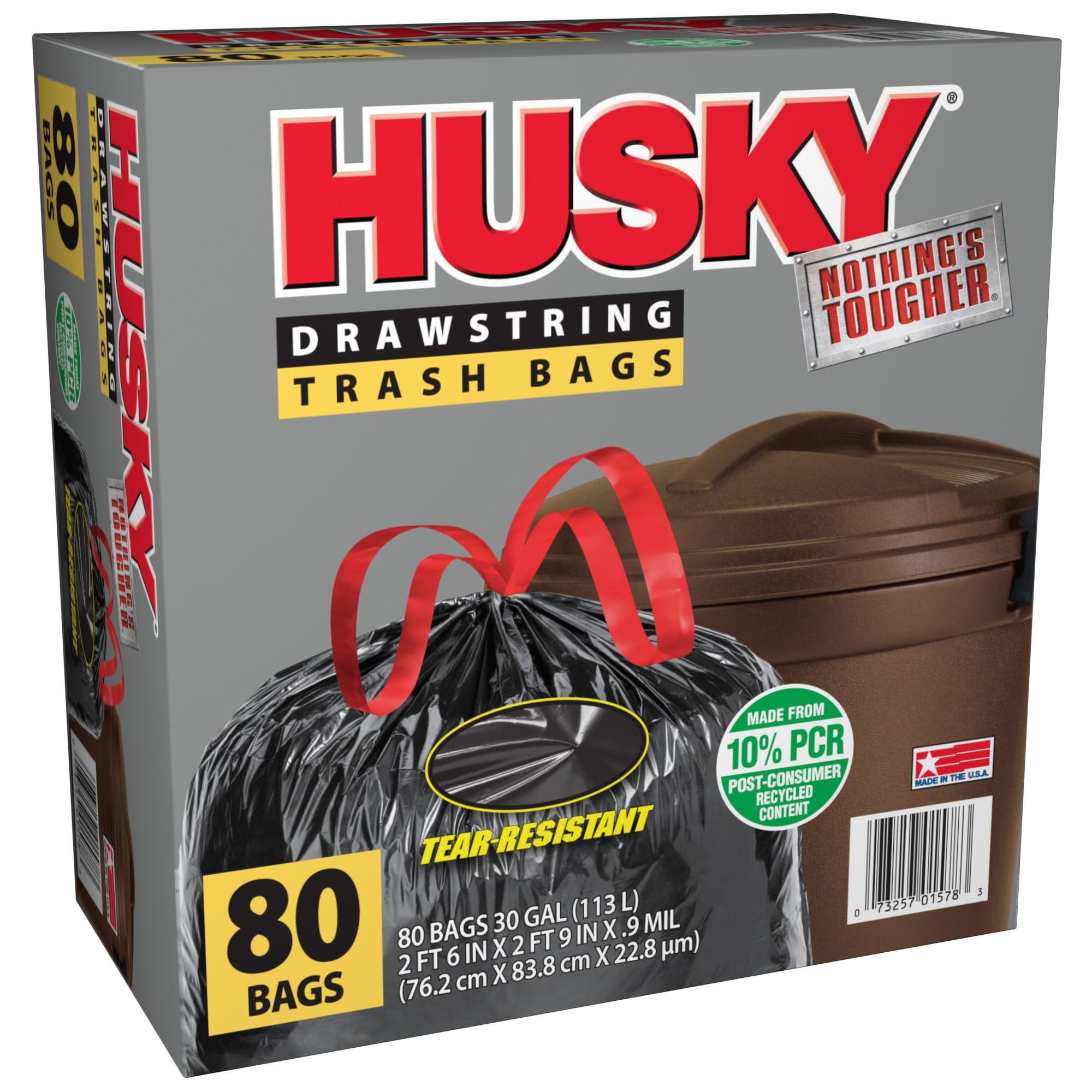 Husky Large Trash Bags, 30 Gallon, 80 Black Bags (Unscented, Tear-Resistant, Drawstring, 10% PCR)