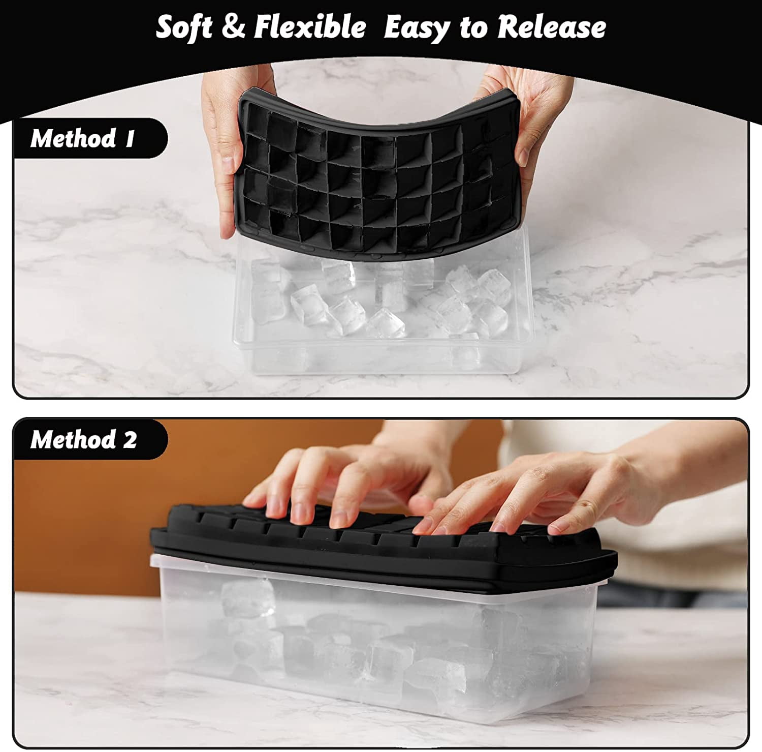 Silicone Ice Cube Tray with Leak-Proof Lid & Storage Bin for Freezer – BPA-Free 36-Piece Nugget Ice Molds, Spill-Resistant Cover & Ice Scoop Container Cover Deep Black