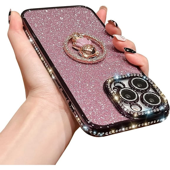 Cute Compatible with iPhone 14 Pro Max 6.7 inch Case,Shining Diamond Case with Bear Kickstand Holder for Girls Women,Soft Glitter Shockproof TPU Bumper with Camera Lens Protection(Purple)