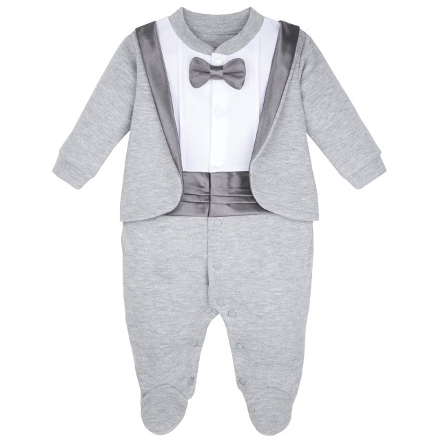Calzado de esmoquin lilax de una pieza para bebé con pajarita gris