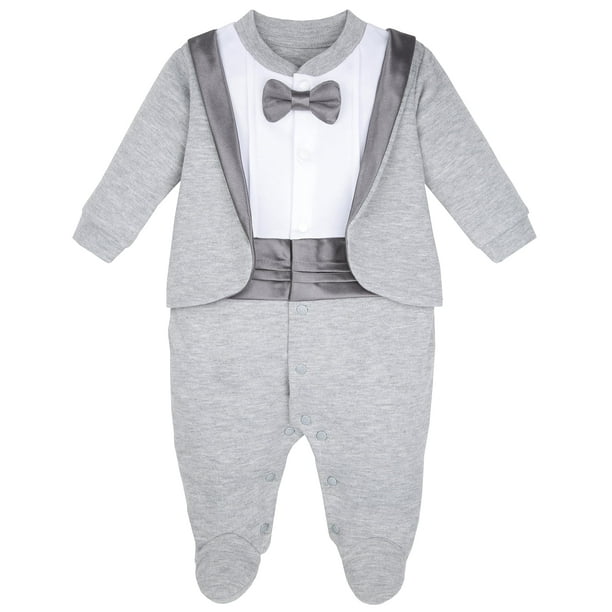 Calzado de esmoquin lilax de una pieza para bebé con pajarita gris