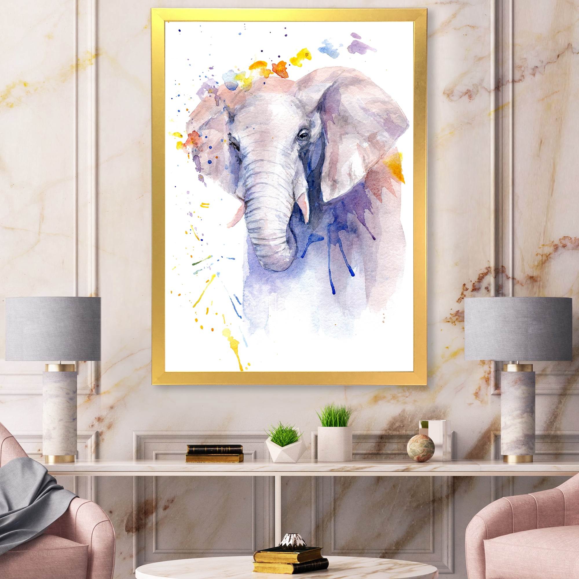 Designart 'Portrait of An Elephant Yellow and Blue Strokes' Farmhouse Framed Art Print