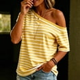 thumbnail image 2 of DeHolifer Women's T-Shirts Casual Off-shoulder Striped Printed Short Sleeve Turtleneck Tops Yellow XL, 2 of 8