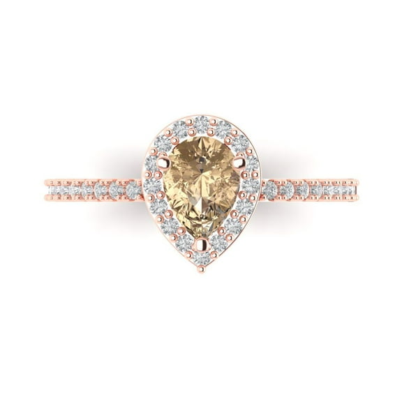 0.755 ctw with Simulated Diamond Halo Accents Anniversary Ring for Women | Pear Cut Yellow Moissanite | Hyperallergenic Solid 14K Rose Gold
