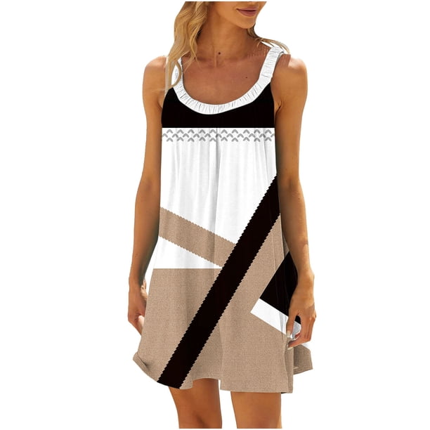 Vestido de Verano para las Mujeres Impreso sin Mangas Cuello Redondo, Suelto de Rodilla de Longitud Vestido Casual para la Primavera