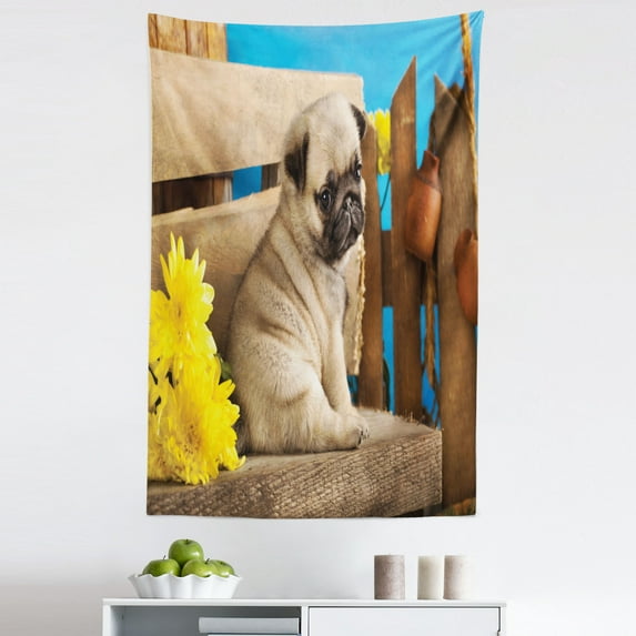 Pug Tapestry, Puppy Photography with Sad Dog and Wildflowers on a Park Bench, Fabric Wall Hanging Decor for Bedroom Living Room Dorm, 5 Sizes, Pale Brown Yellow Blue, by Ambesonne