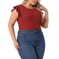 thumbnail image 4 of Agnes Orinda Women's Plus Size Bodysuit Stretchy Crew Neck Ruffle Short Sleeve Slim Fit Casual Basic Tops 1X Red, 4 of 5