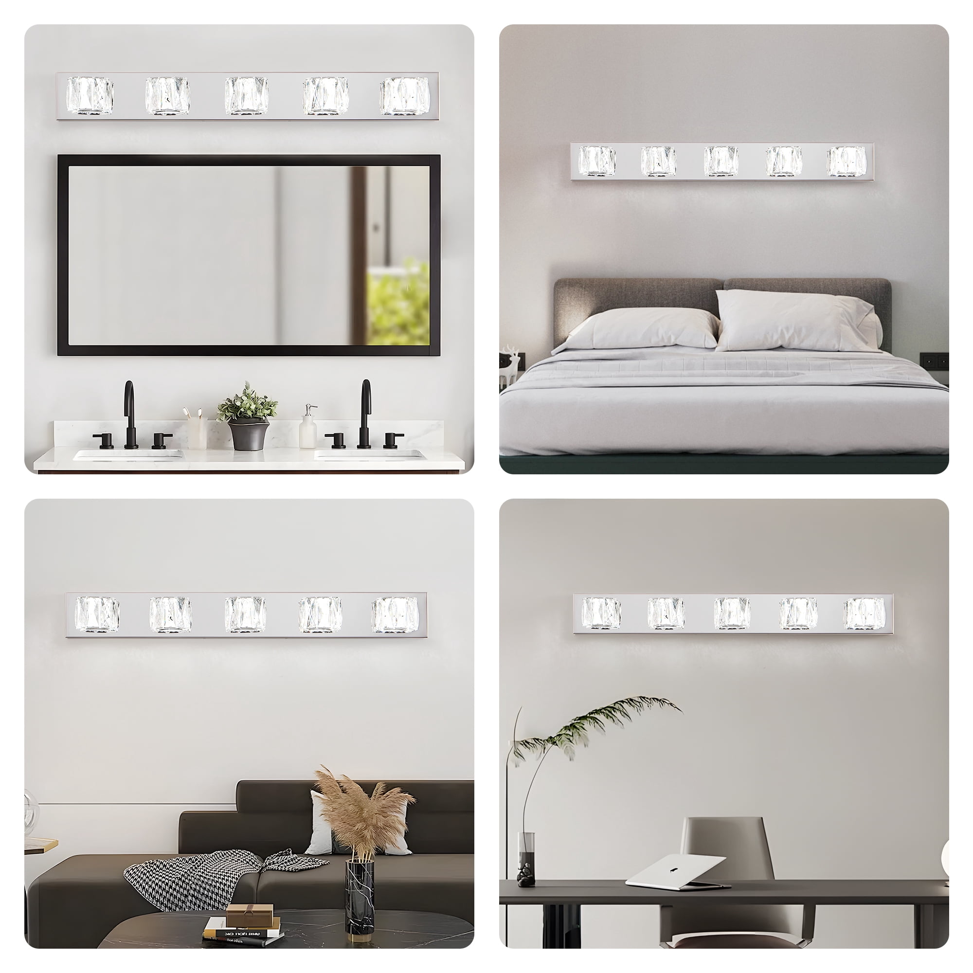5 Lights Bathroom Crystal Modern Vanity Light 34.6in Vanity Lights for Bathroom - Dimmable LED Over Mirror Cool White Light Bath Light Fixtures Chrome