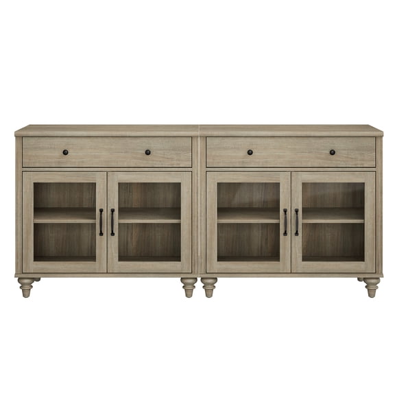 101" Wash Gray Glass Door Buffet Cabinet with Drawer, Farmhouse Sideboard with Storage