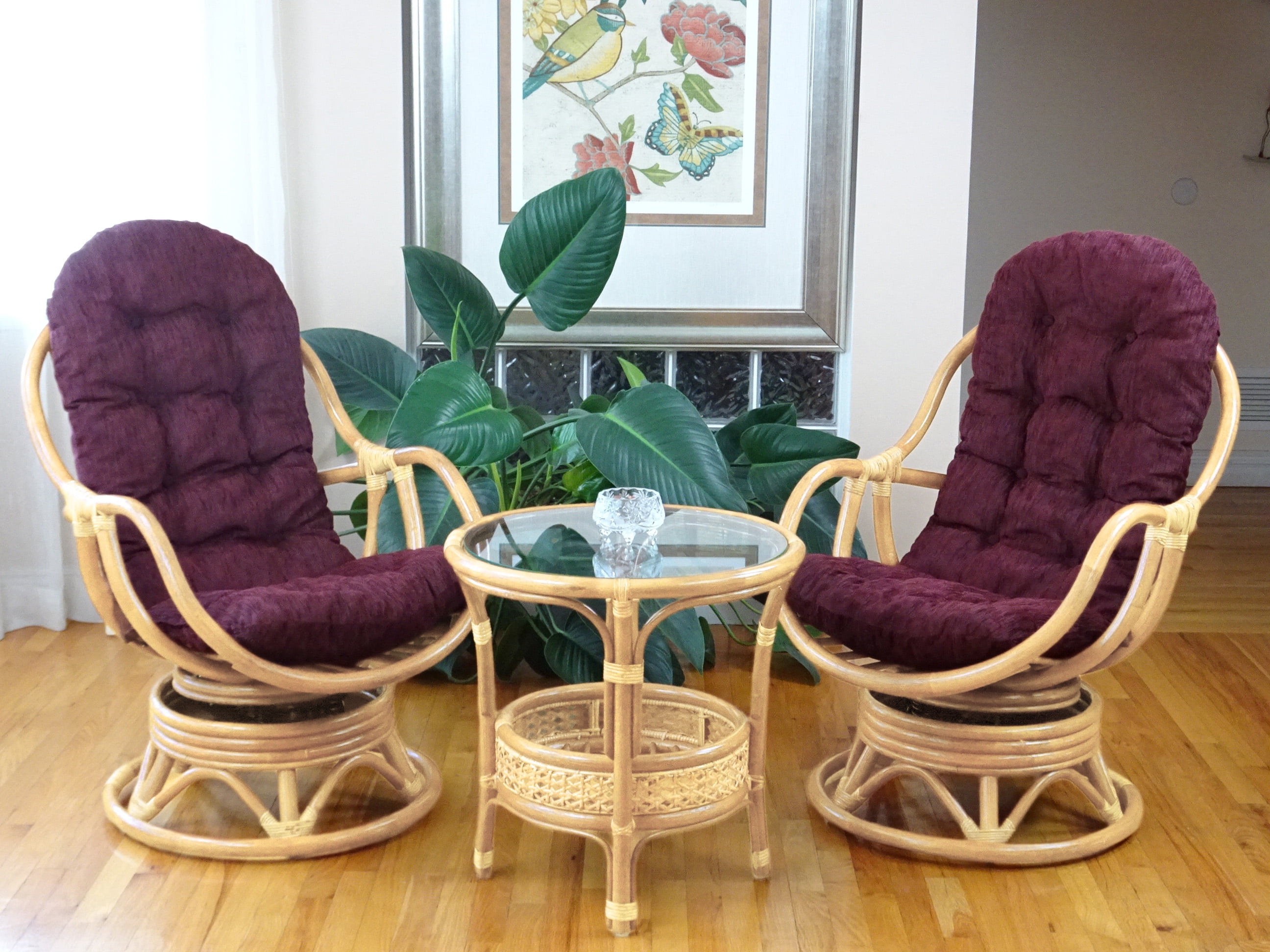 Bali Lounge Swivel Rocking Chair with Dark Brown Cushion Natural Rattan Wicker Handmade, Natural Color