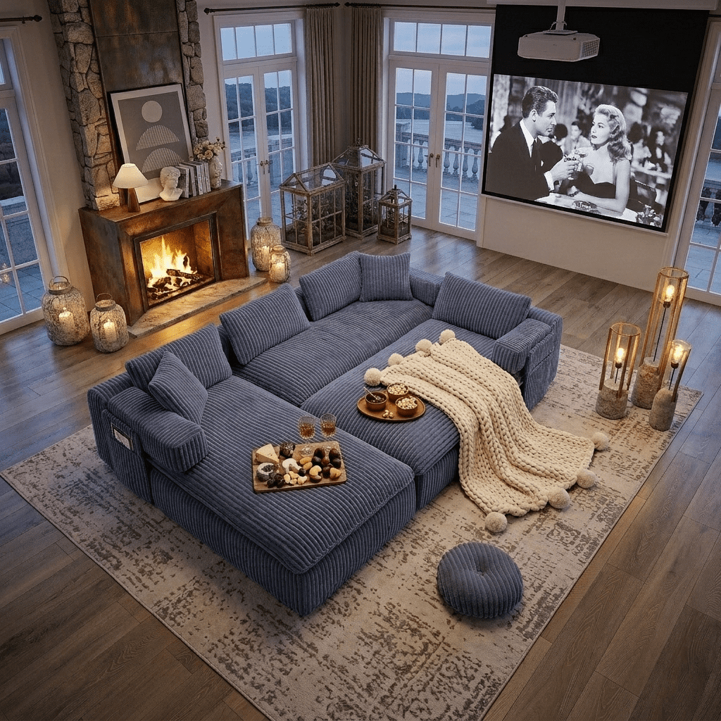 Howcool 149"W Oversized Modular Sectional Sofa,7-in-1 Corduroy U Shaped Sofa Couch with Double Chaise Lounge,Convertible Sleeper Sofa Bed,Deep Seat Cloud Couch for Living Room,Blue