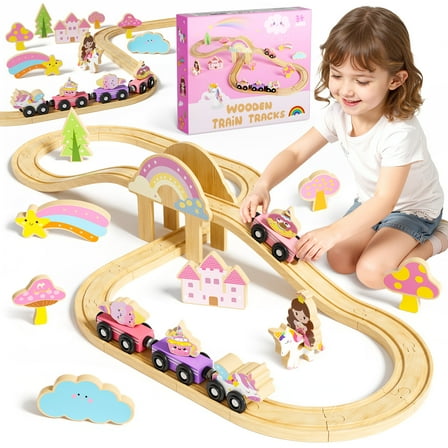 UQN Wooden Train Set for Kids, Wooden Train Track for Toddlers 2 3 4 5, Unicorn Train Toy with 4 Magnetic Trains & Accessories, Railway Playset Christmas Birthday Gifts for 3 4 5 6 Year Girls Boys