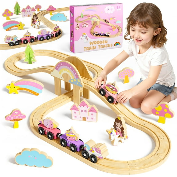 UQN Wooden Train Set for Kids, Wooden Train Track for Toddlers 2 3 4 5, Unicorn Train Toy with 4 Magnetic Trains & Accessories, Railway Playset Christmas Birthday Gifts for 3 4 5 6 Year Girls Boys