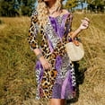 thumbnail image 3 of Purple Leopard Print Abstract Women's 3/4 Sleeve Dresses Elegant A-Line Midi Dress Flare Summer Casual Sundress, 3 of 9